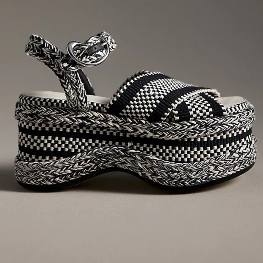 Amabaih Carmen black and white woven platform heels